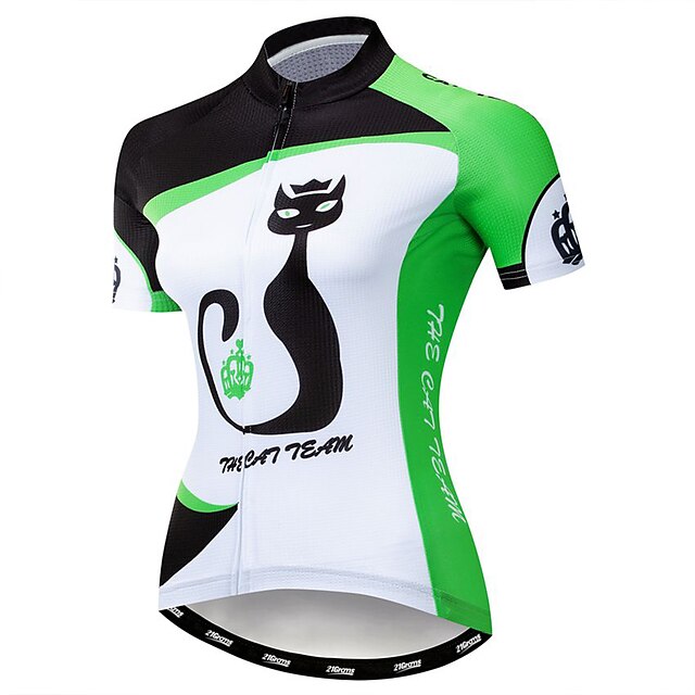  21Grams Women's Cycling Jersey Short Sleeve Bike Jersey Top with 3 Rear Pockets Breathable Quick Dry Moisture Wicking Mountain Bike MTB Road Bike Cycling Green Elastane Polyester Cat Animal Sports