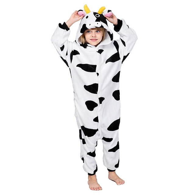  Pyjama Kigurumi Enfant Animal Vache laitière Combinaison de Pyjamas Toison Flanelle Noir blanc Cosplay Pour Garçons et filles Pyjamas Animale Dessin animé Fête / Célébration Les costumes