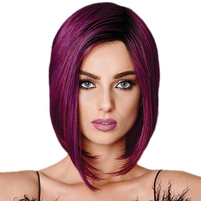  Synthetic Wig Straight Bob Wig Short Purple Synthetic Hair 11 inch Women's Purple