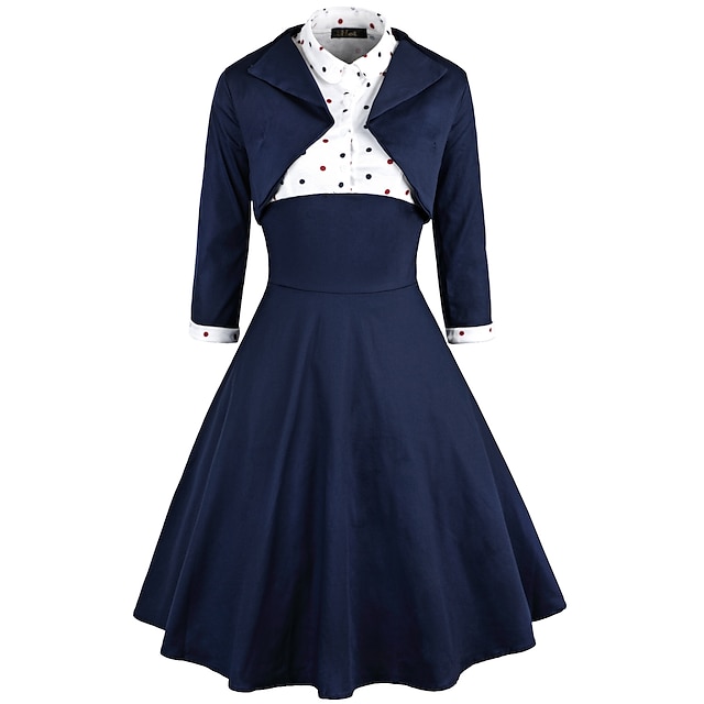  Audrey Hepburn Dresses Retro Vintage 1950s Wasp-Waisted Prom Dress Dress A-Line Dress Tea Dress Rockabilly Women's Cotton Costume Ink Blue Vintage Cosplay Long Sleeve Party Homecoming Daily Wear Midi
