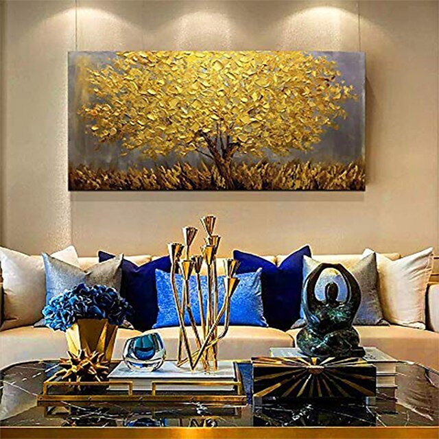  Oil Painting 100% Handmade Hand Painted Wall Art On Canvas Yellow Tree Plant Horizontal Abstract Modern Home Decoration Decor Rolled Canvas With Stretched Frame