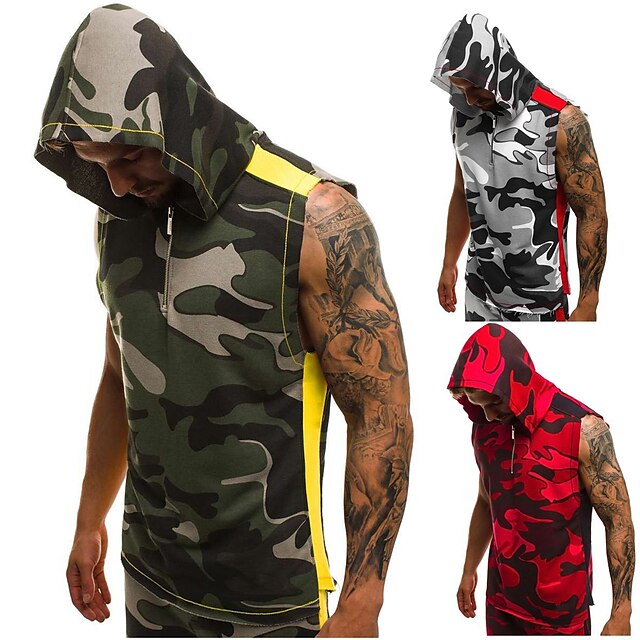  Men's Yoga Top Tank Top Zipper Summer Optical Illusion Red Army Green Yoga Fitness Gym Workout Cotton Tank Top Sleeveless Sport Activewear Micro-elastic Quick Dry Breathable Comfortable Slim