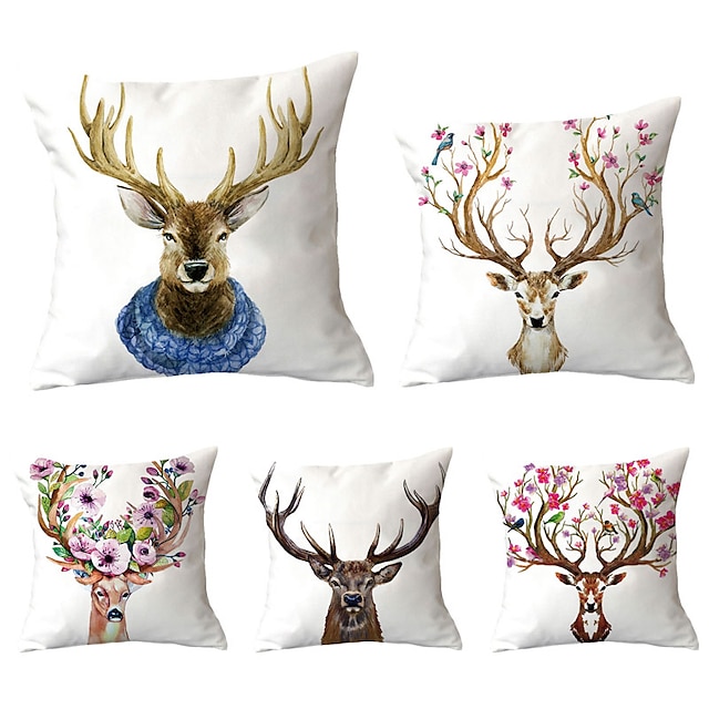  5 pcs Polyester Pillow Cover, Simple Pastoral Animal Square Traditional Classic