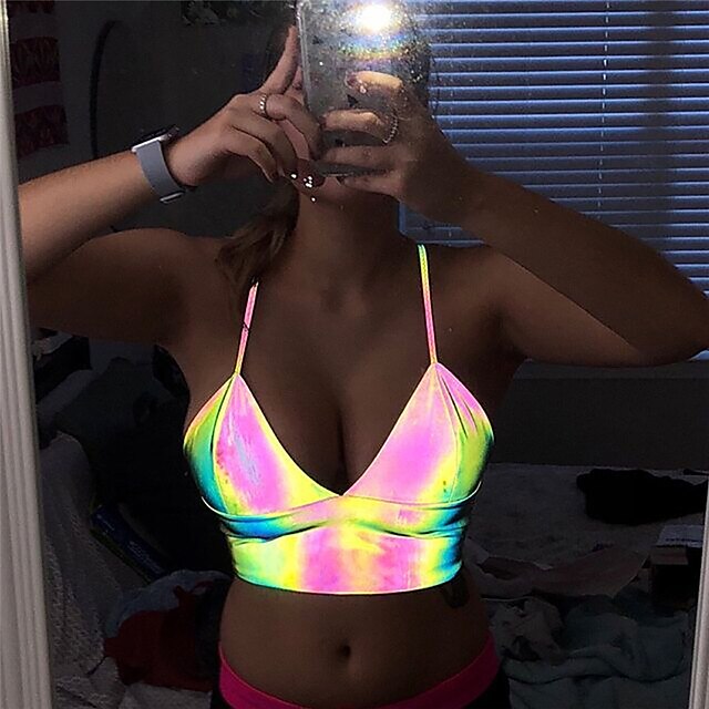  Women's Running Crop Top Reflective Tank Top Sports Bra Cropped Reflective Strip Top High Visibility Windproof Quick Dry Fitness Running Jogging Sportswear Color Gradient Fluorescence Activewear