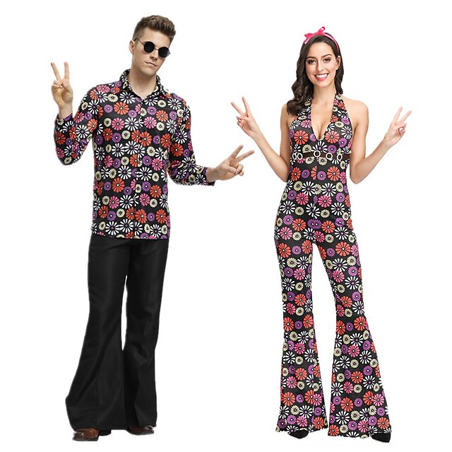  Retro Vintage Hippie 1970s Disco Cosplay Costume Outfits Dude Funk Halloween Group Couples Costumes Hippie Disco Couple's Men's Women's Deep V Halloween Halloween Masquerade