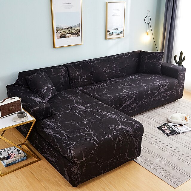  Stretch Sofa Cover Slipcover Elastic Sectional Couch Armchair Loveseat 4 Or 3 Seater L Shape Black Color Soft Durable