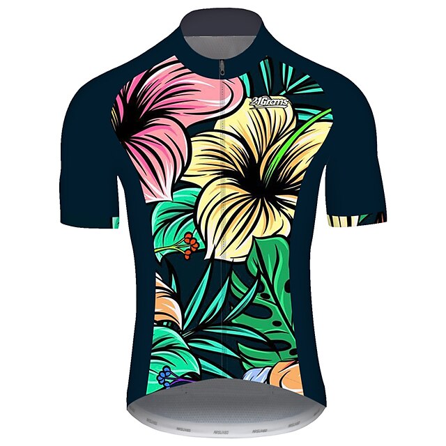  21Grams Men's Cycling Jersey Short Sleeve Bike Jersey Top with 3 Rear Pockets UV Resistant Breathable Quick Dry Mountain Bike MTB Road Bike Cycling Black Green Leaf Floral Botanical Sports Clothing