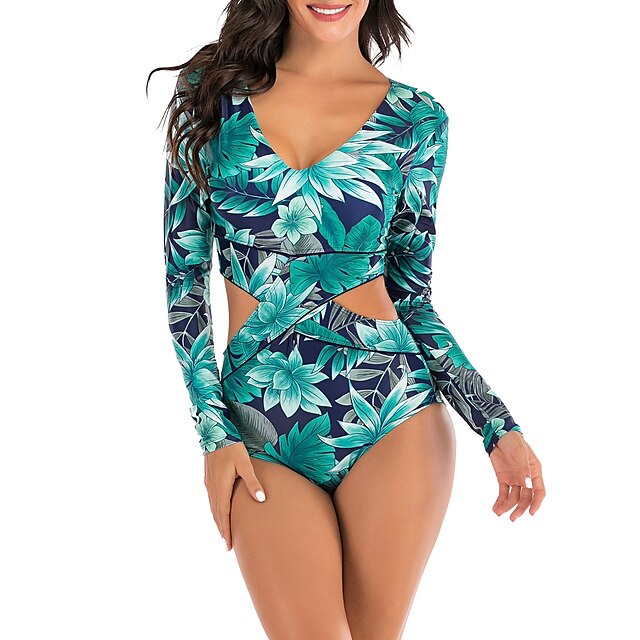  Women's One Piece Swimsuit Swimwear Thermal Warm Breathable Quick Dry Long Sleeve Cut Out - Swimming Surfing Water Sports Leaves Print Autumn / Fall Spring Summer / Stretchy