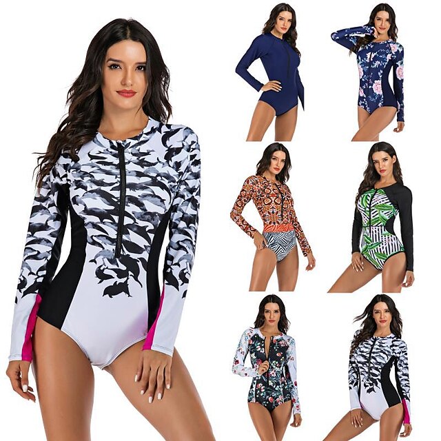  Women's One Piece Swimsuit Swimwear Thermal Warm Breathable Quick Dry Long Sleeve Front Zip - Swimming Surfing Water Sports Floral / Botanical Autumn / Fall Spring Summer / Stretchy