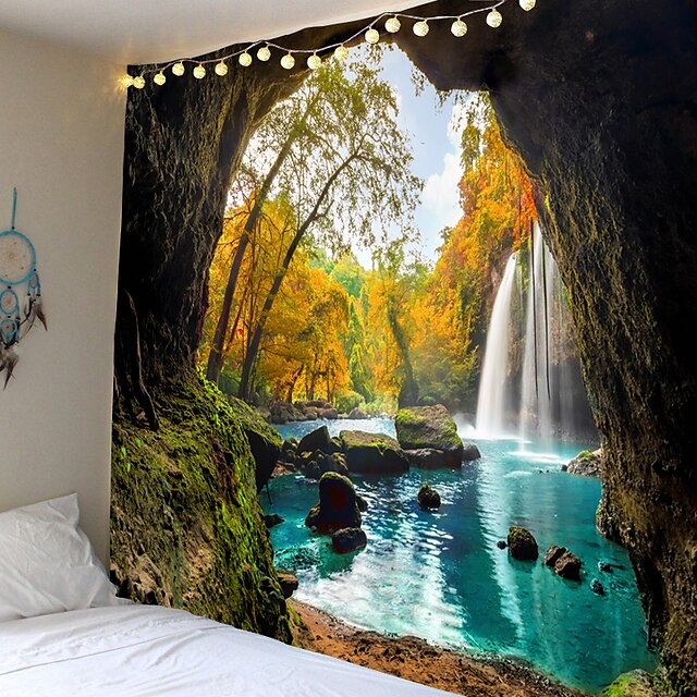  Cave Landscape Hanging Tapestry Wall Art Large Wall Tapestry Decor Backdrop Blanket Curtain Mural Home Bedroom Living Room Decoration Tree Forest Waterfall River