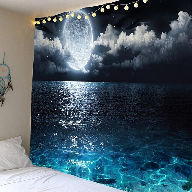  lune mer ciel tapisserie murale art décor couverture rideau pique-nique nappe suspendu maison chambre salon dortoir décoration paysage pleine nuit océan nuage étoile