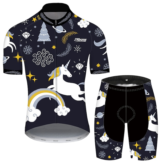  Men's Cycling Jersey with Shorts Short Sleeve - Summer Black+White Unicorn Funny Animal Bike UV Resistant 3D Pad Quick Dry Breathable Reflective Strips Clothing Suit Sports Mountain Bike MTB Road