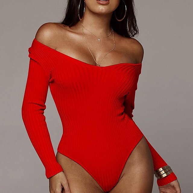  Women's Bodysuit Zentai Jumpsuit Long Sleeve Solid Colored Off Shoulder Tops White Black Red