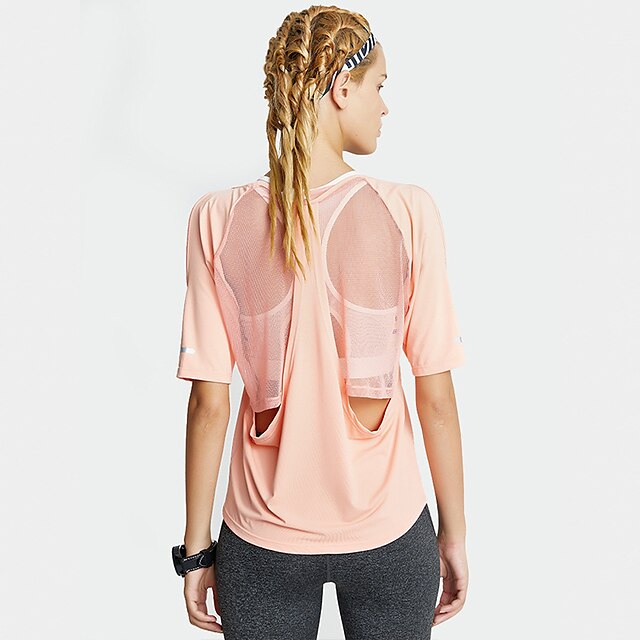  Dame Ung pige Yoga Top Patchwork Mode Sort Lys pink Net Yoga Fitness Løb T-shirt Toppe Kortærmet Sport Sportstøj Hurtigtørrende Åndbart Bekvem Mikroelastisk