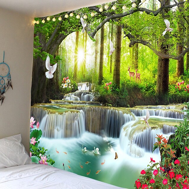  tapeçaria de parede arte decoração cortina de piquenique toalha de mesa pendurada casa quarto sala de estar dormitório decoração natureza paisagem floresta árvore rio animal