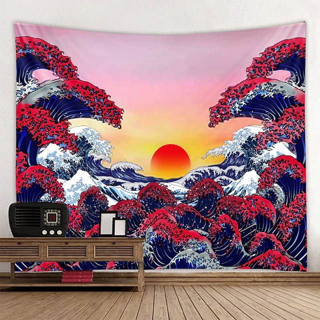  kanagawa bølge ukiyo-e veggteppe kunst dekor teppe gardin hengende hjem soverom stue dekorasjon japansk maleri stil soloppgang solnedgang landskap
