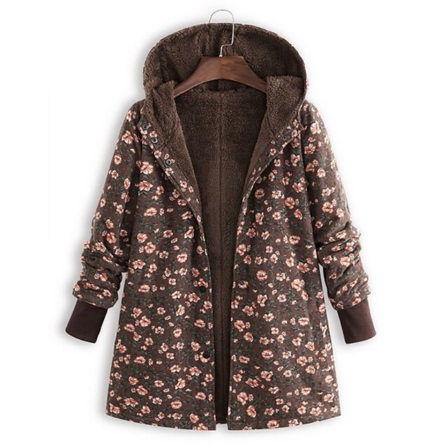  Women's Parka Parka Ethnic Style Floral Polyester Green / Brown / Navy Blue S / M / L