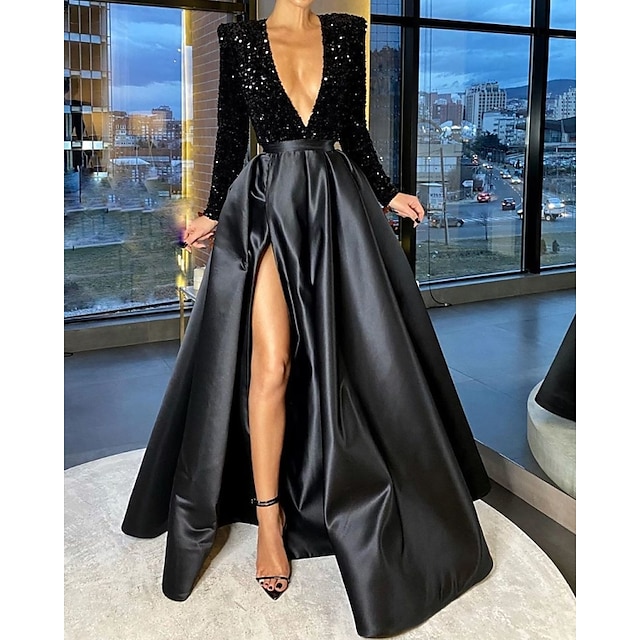  Ball Gown Evening Black Dress Plus Size Sparkle Dress Wedding Party Birthday Floor Length Long Sleeve V Neck Pocket Satin with Sequin Pocket 2024