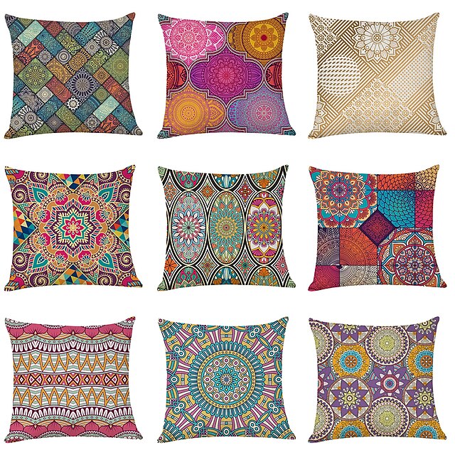  9 pcs Faux Linen Pillow Cover, Datura Flowers Geometric Modern Square Traditional Classic