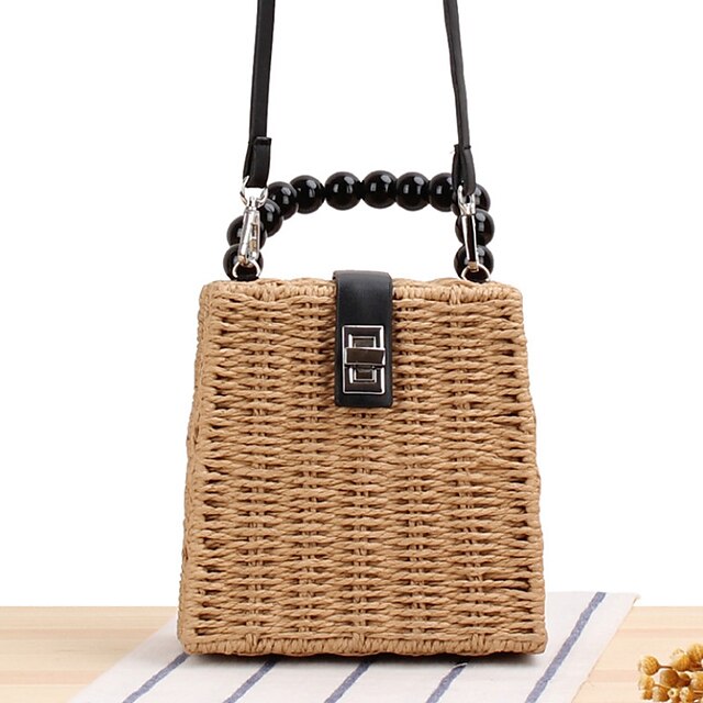  Women's Bags Straw Top Handle Bag Solid Color Daily Office & Career Straw Bag Brown Beige