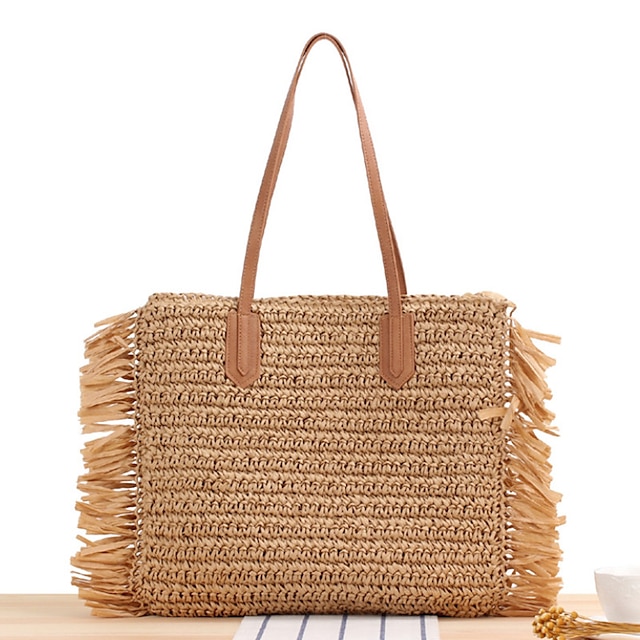  Women's Bags Straw Top Handle Bag Straw Bag Tassel Bohemian Style Solid Color Daily Office & Career 2021 Straw Bag Handbags Camel Beige