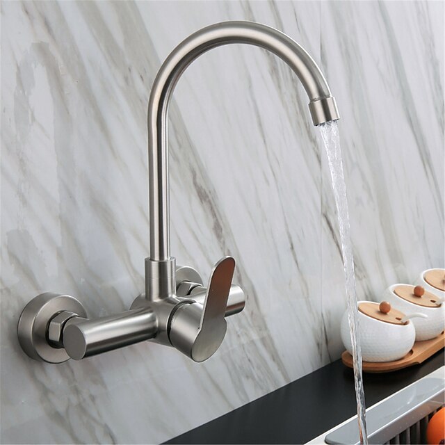  304 Stainless Steel Kitchen Faucet Wall-mounted / Centerset with Hot and Cold Water Single Handle Two Holes Wall Installation Rotatable kitchen faucet 