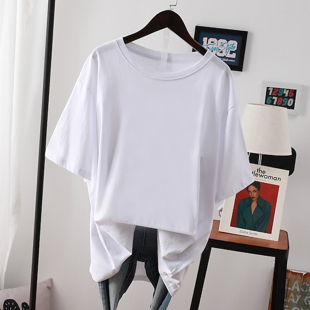  Women's Black White Blue Tee / T-shirt Jewel Neck Pure Color Oversized Solid Color Cute Cotton Sport Athleisure Half Sleeve T Shirt Top Exercise & Fitness Running Everyday Use Breathable Lightweight