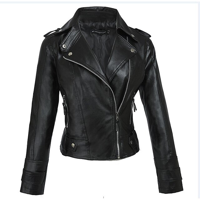  Women's Solid Colored Fall & Winter Faux Leather Jacket Regular Work Long Sleeve Faux Leather Coat Tops Black