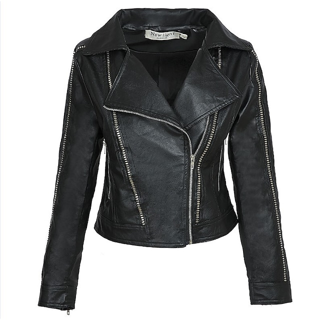  Women's Solid Colored Fall & Winter Faux Leather Jacket Regular Daily Long Sleeve PU Coat Tops Black