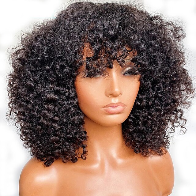  Afro Kinky Curly Wig With Bangs Full Machine Made Scalp Top Wig 180 Density Remy Brazilian Short Curly Human Hair Wigs
