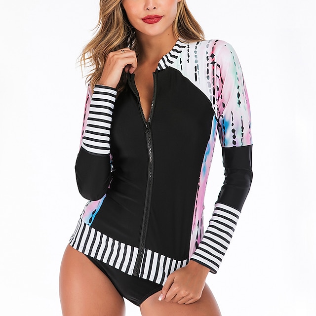  Women's Rashguard Swimsuit Swimwear UV Sun Protection Quick Dry Stretchy Long Sleeve 2 Piece Front Zip - Swimming Surfing Snorkeling Optical Illusion Summer