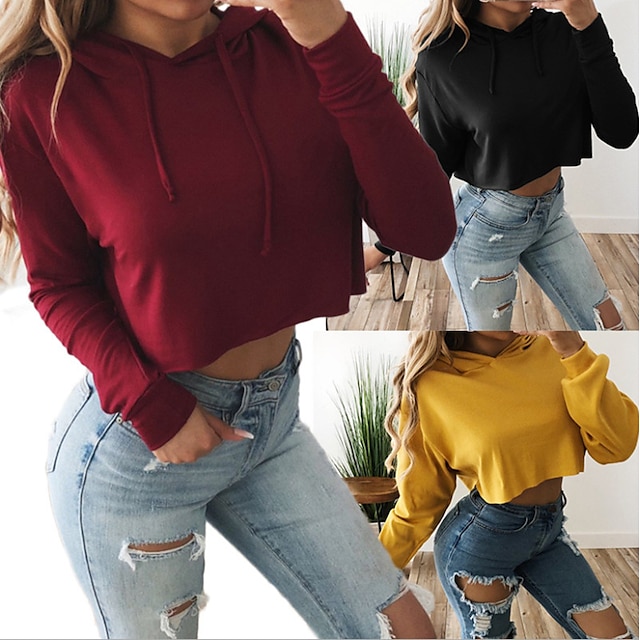  Women's Crop Top Crop Top Hoodie Solid Color Cute Sport Athleisure T Shirt Top Long Sleeve Warm Soft Comfortable Everyday Use Causal Exercising General Use / Winter