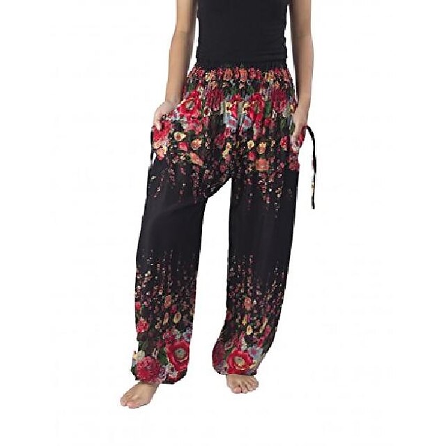  women's flowers yoga boho pants long beach summer harem pants (us size 0-10, black)