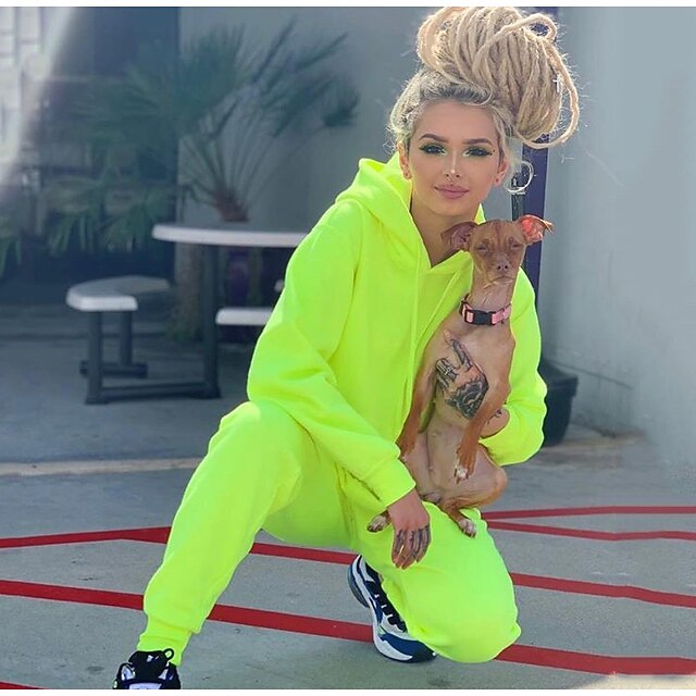  Women's Tracksuit Sweatsuit Jogging Suit Hooded Pullover 2 Piece Drawstring Solid Colored Fluorescent Sport Athleisure Long Sleeve Outfit Set Clothing Suit Fitness Gym Workout Performance Running