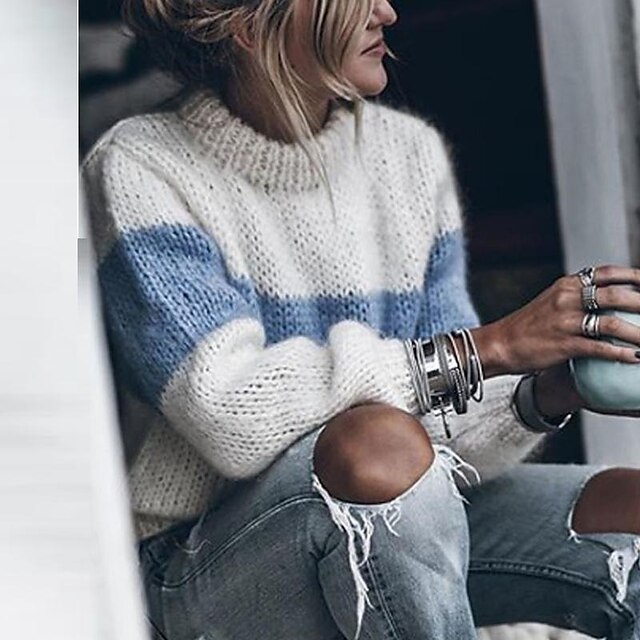  Women's Pullover Sweater Jumper Crochet Knit Knitted Crew Neck Plain Basic Fall Winter Green Blue S M L / Cotton / Long Sleeve / Regular Fit / Cotton