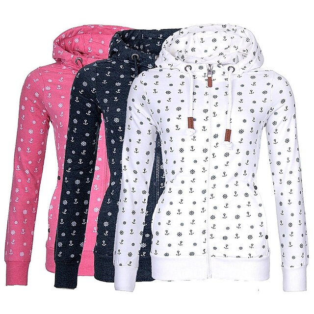  Women's Hoodie Pullover White Blue Front Zipper Hoodie Fleece Sunflower Sport Athleisure Hoodie Top Long Sleeve Warm Soft Comfortable Everyday Use Exercising General Use / Winter