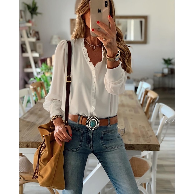  Women's Blouse Shirt Solid Colored Long Sleeve Ruffle V Neck Basic Casual Tops White