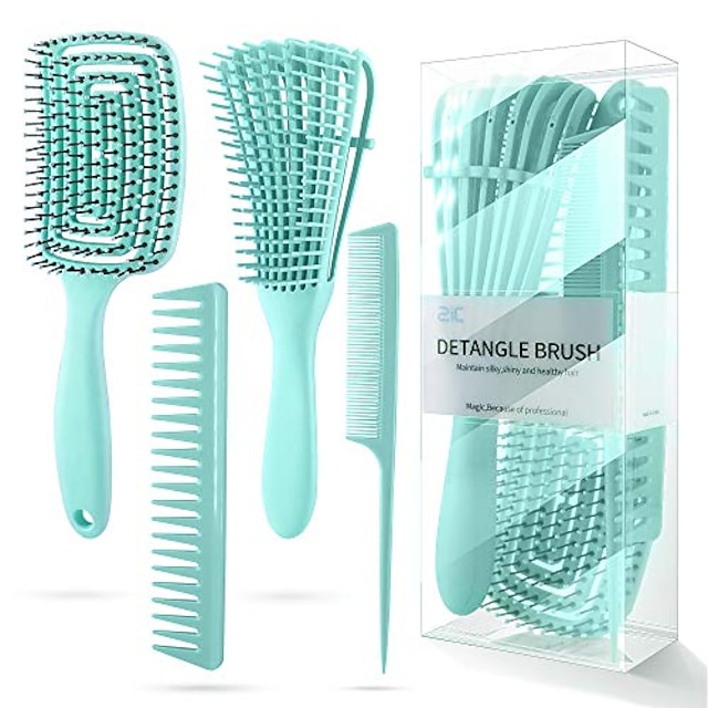  4 pieces detangling brush and hair comb set kinky wavy curly coily wet dry oil thick long natural hair,knots detangler easy to clean (green)