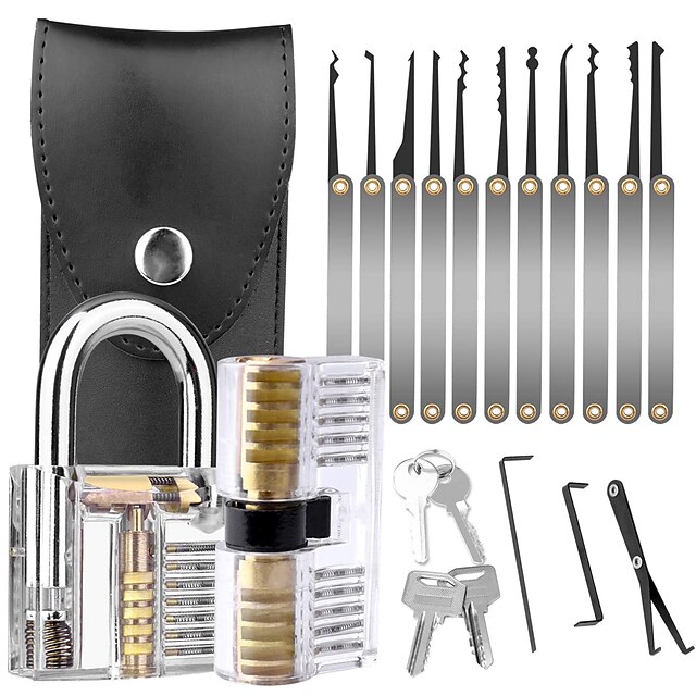 17-Piece Lock Pick Set Aulola Padlock Picking Tools Kit with 2 Transparent Training Locks for Beginner and Pro Locksmiths