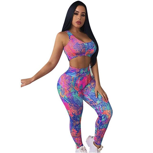  Women's Yoga Suit 2pcs Open Back Wirefree Summer Clothing Suit Tie Dye Blue Yoga Gym Workout Butt Lift Sleeveless Sport Activewear Slim Stretchy