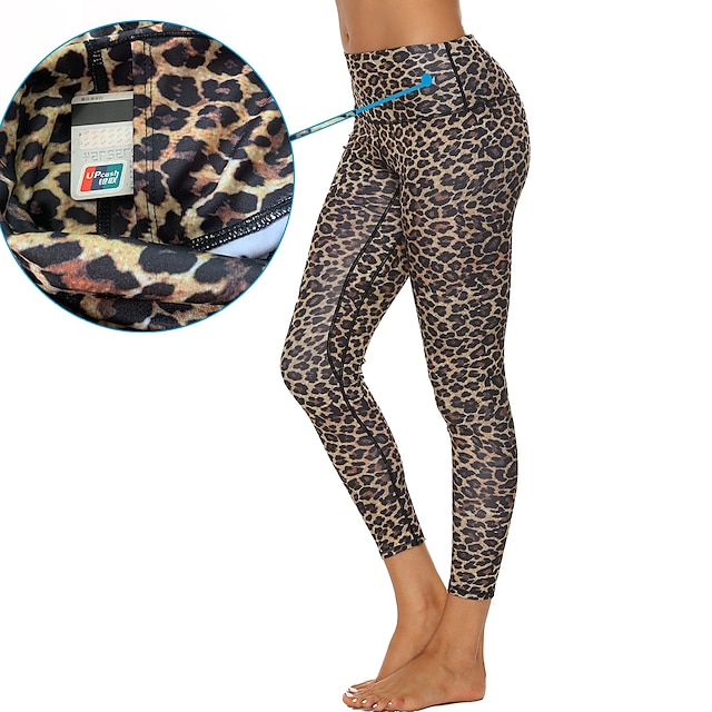  Mulheres Calças de ioga Cintura Alta Meia-calça Leggings Calças Bolso na cintura escondido Leopardo Compressão abdominal Butt Lift Secagem Rápida Estampado Leopardo Ginástica Treino de Ginástica