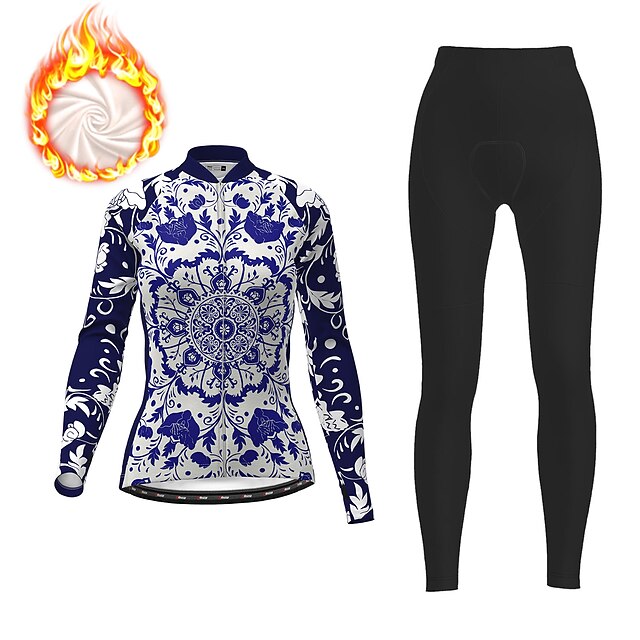  21Grams® Women's Cycling Jersey with Tights Long Sleeve - Winter Fleece Polyester Dark Blue Floral Botanical Funny Ugly Christmas Bike Fleece Lining 3D Pad Warm Breathable Quick Dry Clothing Suit