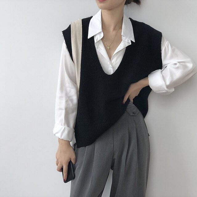  Women's Sweater Vest Jumper Knit Knitted Thin Plain V Neck Basic Fall Black Gray One-Size / Sleeveless / Sleeveless / Loose