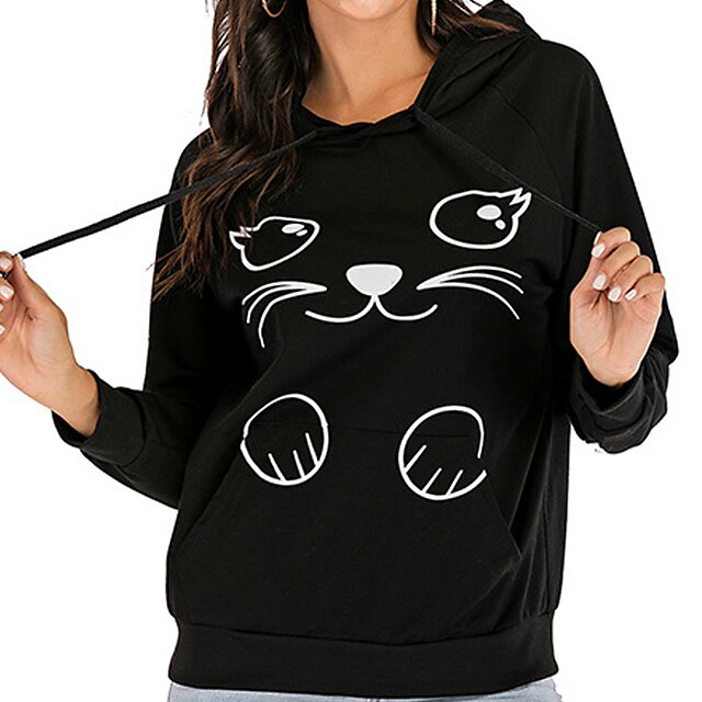  Women's Hoodie Pullover Cartoon Hoodie Cat Sport Athleisure Hoodie Top Long Sleeve Warm Soft Oversized Comfortable Everyday Use Casual Daily / Winter