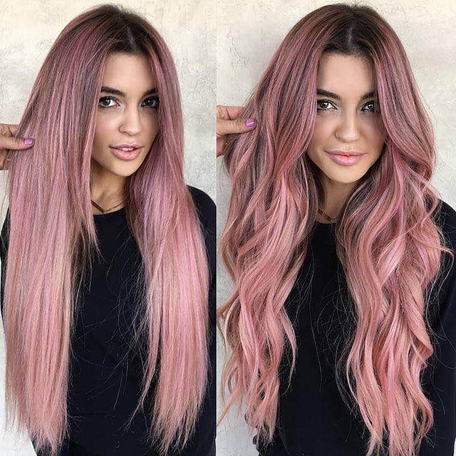  Synthetic Wig Body Wave Middle Part Wig Long Very Long Violet Pink Synthetic Hair 65 inch Women's Highlighted / Balayage Hair Dark Roots Middle Part Pink