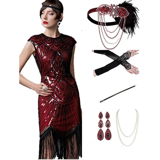  The Great Gatsby Roaring 20s 1920s Cocktail Dress Vintage Dress Flapper Dress Outfits Masquerade Christmas Dress Women's Tassel Fringe Costume Red+Golden / Coral Red / Burgundy Vintage Cosplay Party