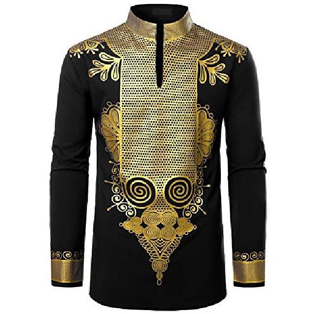  Men's T shirt Other Prints Stand Collar Daily Going out Long Sleeve Tops Streetwear White Black Royal Blue