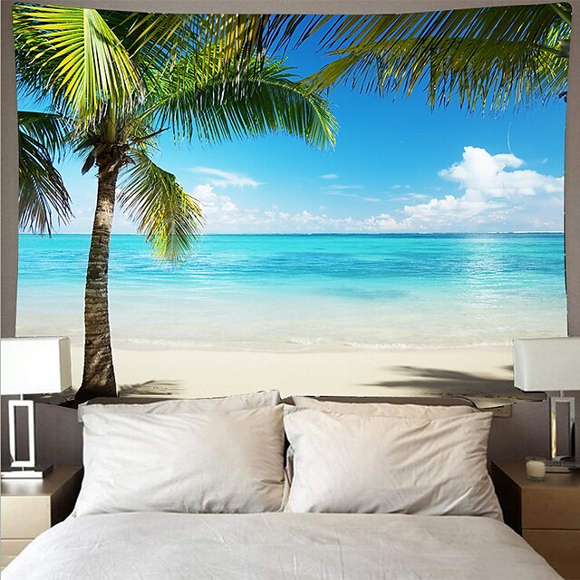  tapeçaria de parede grande cobertor art déco cortina pano de mesa de piquenique pendurado casa quarto sala de estar decoração do dormitório fibra de poliéster série de praia coqueiro mar azul nuvem