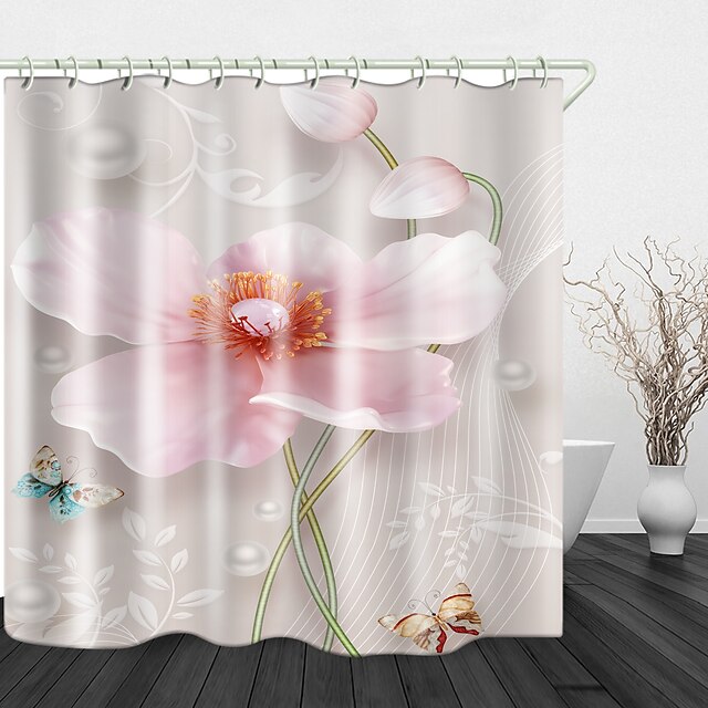  Butterfly Pink Flowers Digital Printing Shower Curtain Shower Curtains  Hooks Modern Polyester New Design 72 Inch