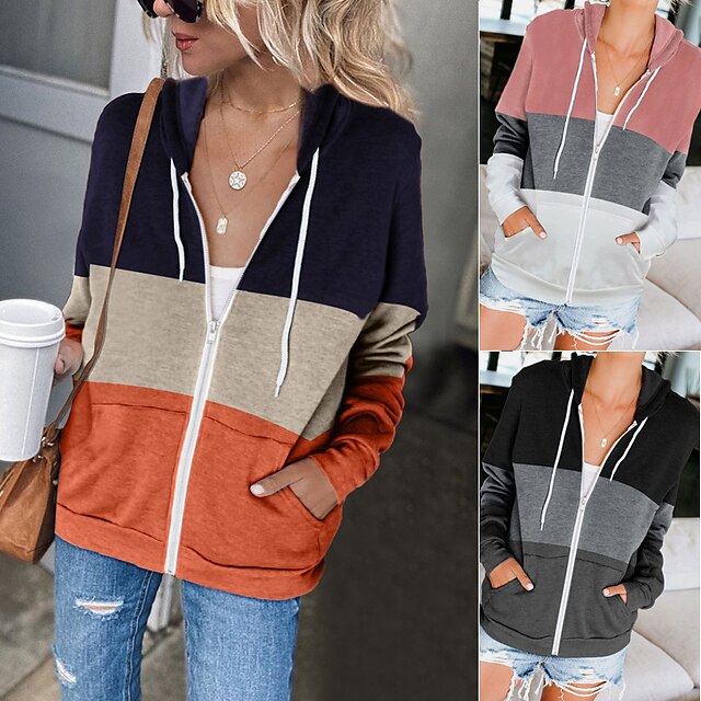  Women's Coat Patchwork Front Zipper Hoodie Cotton Color Block Sport Athleisure Jacket Tracksuit Long Sleeve Warm Soft Oversized Comfortable Everyday Use Daily General Use / Winter